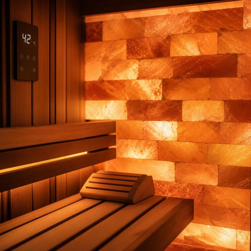 Sauna a infrarossi termoregolabile con parete di sali rosa dell'Himalaya, Private Spa Sensi Skinfood® a Torino.